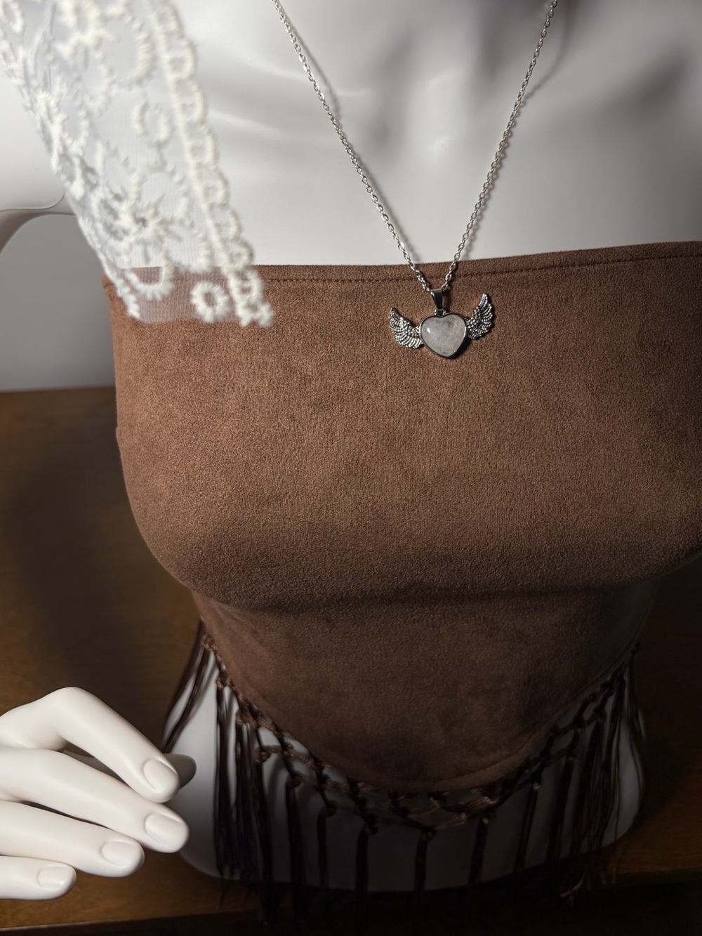 Clear Quartz Silver Winged Heart Pendant